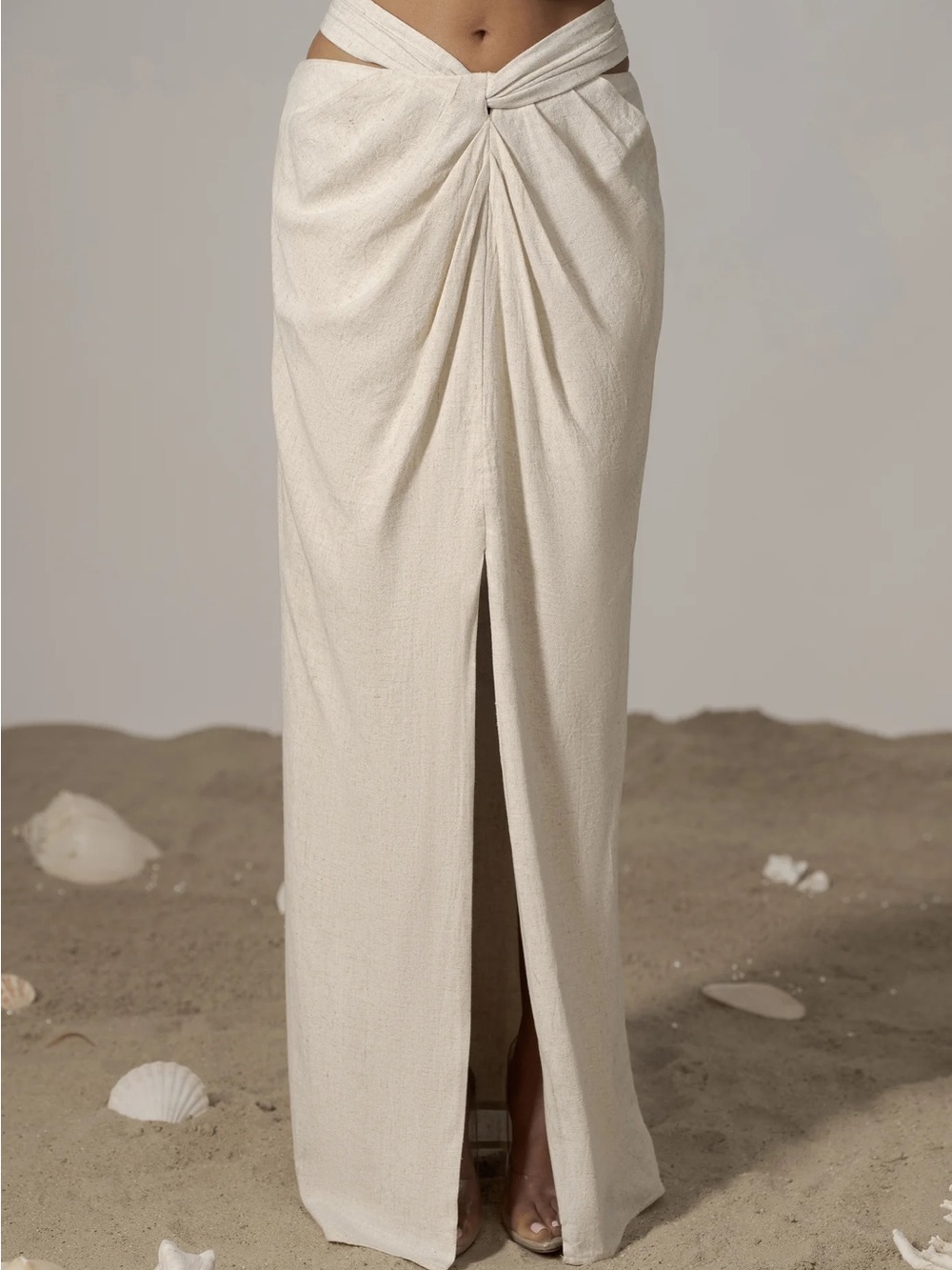 Elegant Cream Twist-Front Maxi Skirt with Front Slit